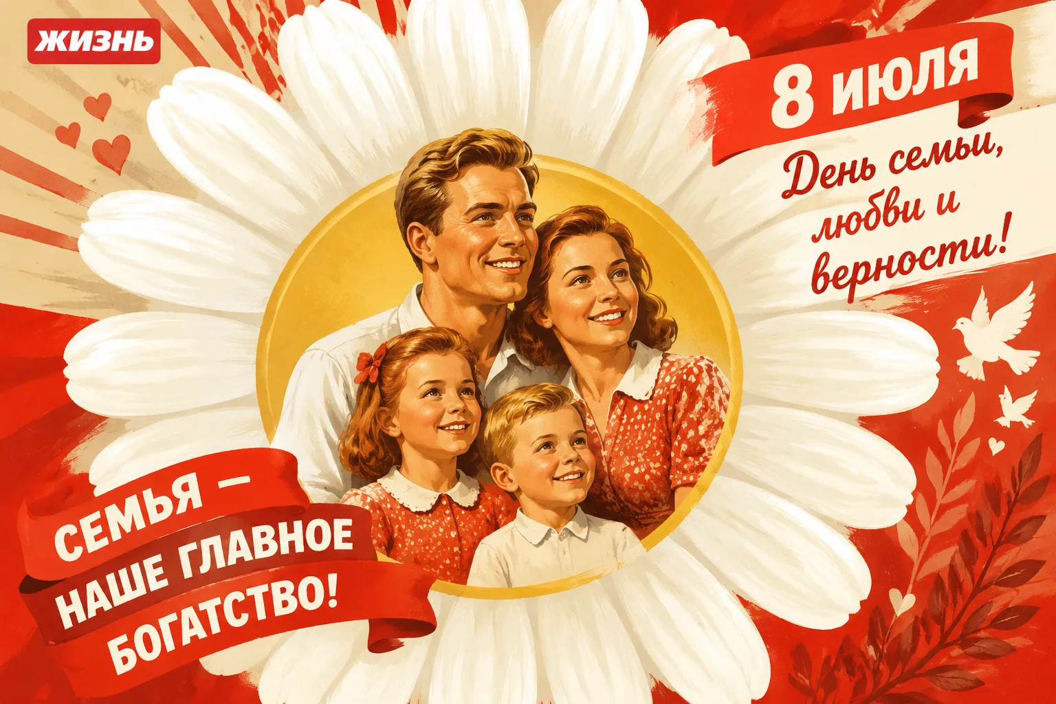 Открытка с Днем семьи, любви и верности. Коллаж: Сорокина Екатерина, фото сгенерировано нейросетью GPT Images