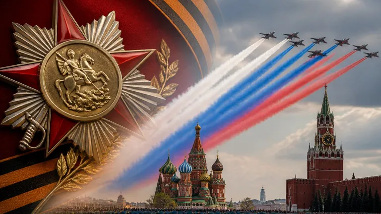 Воздушный парад 9 мая 2026 года в Москве на Красной площади. Коллаж: Сорокина Екатерина, фото сгенерировано нейросетью GPT Images