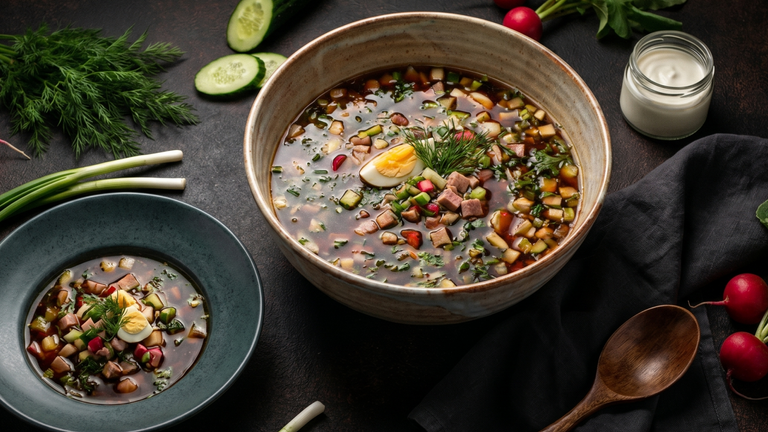 10+ лучших рецептов окрошки. Коллаж: Сорокина Екатерина, фото сгенерировано нейросетью Nano Banana