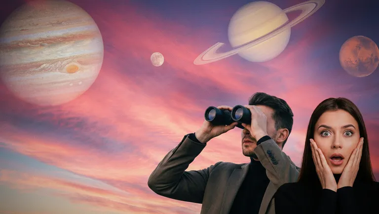 Парад планет 28 февраля 2026 года. Коллаж: Сорокина Екатерина, фото сгенерировано нейросетью Nano Banana