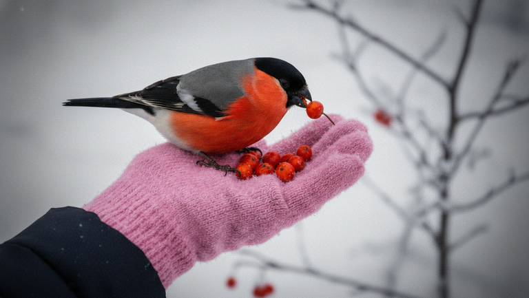 Как помочь птицам зимой. Коллаж: Сорокина Екатерина, фото сгенерировано нейросетью Nano Banana