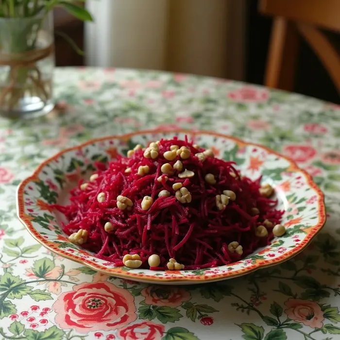 Салат из свеклы с орехами вкуснее будет с чесноком. Фото сгенерировано нейросетью Flux Pro по мотивам публикации