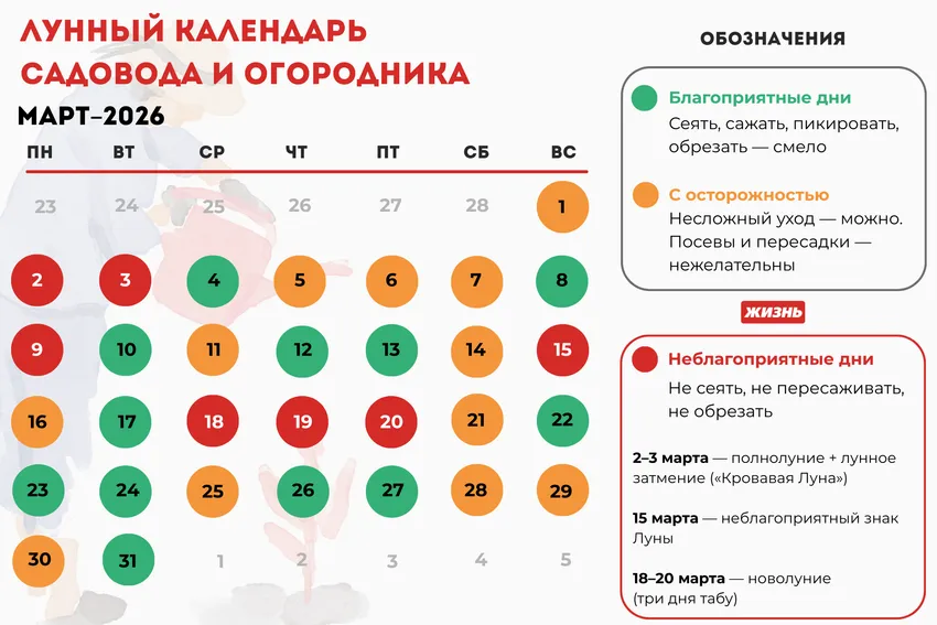 Лунный календарь садовода и огородника на март 2026 года. Коллаж: Гавришева Анна