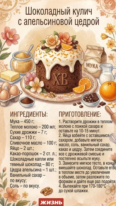 Шоколадный кулич с апельсиновой цедрой. Коллаж: Сорокина Екатерина, фото сгенерировано нейросетью Nano Banana