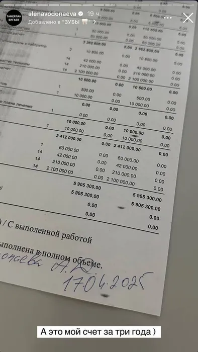 Алена выложила в Сеть счет за услуги стоматолога. Фото: Инстаграм (запрещен в России) / @alenavodonaeva