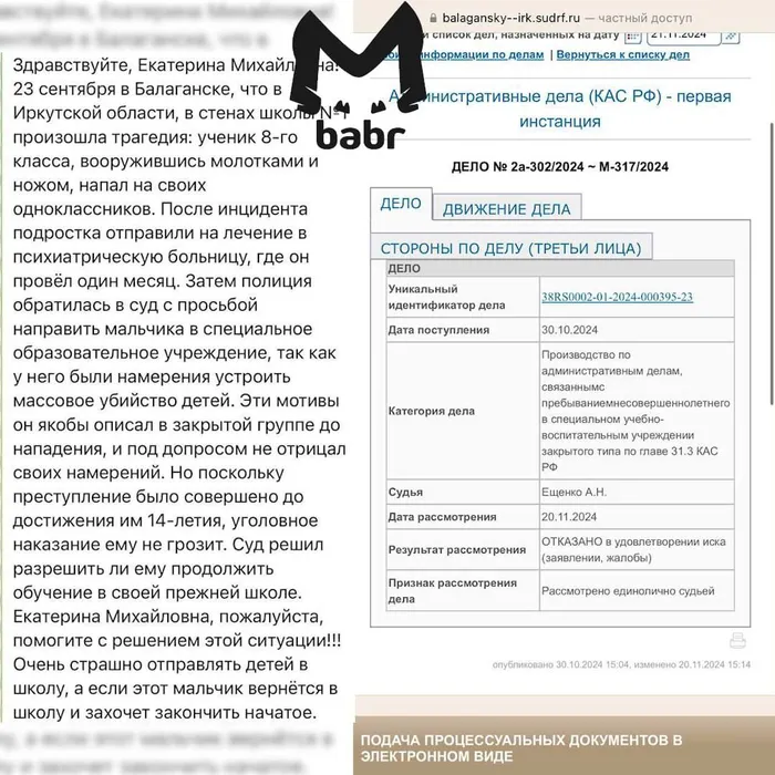 Родители обратились за помощью к Мизулиной. Фото: @t.me/babr_mash