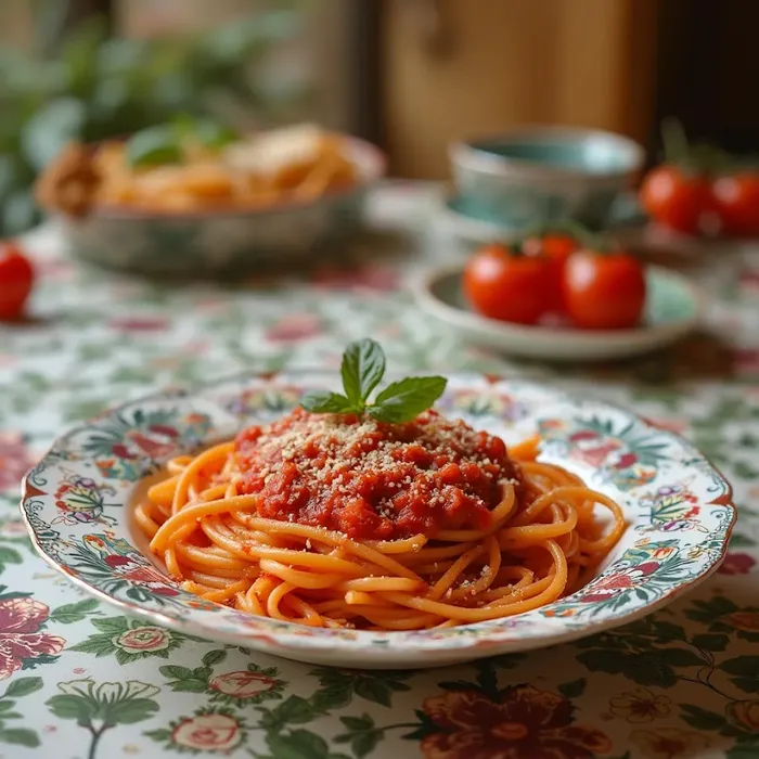 Паста с томатным соусом — это не только красиво, но и очень вкусно. Фото сгенерировано нейросетью Flux Pro по мотивам публикации