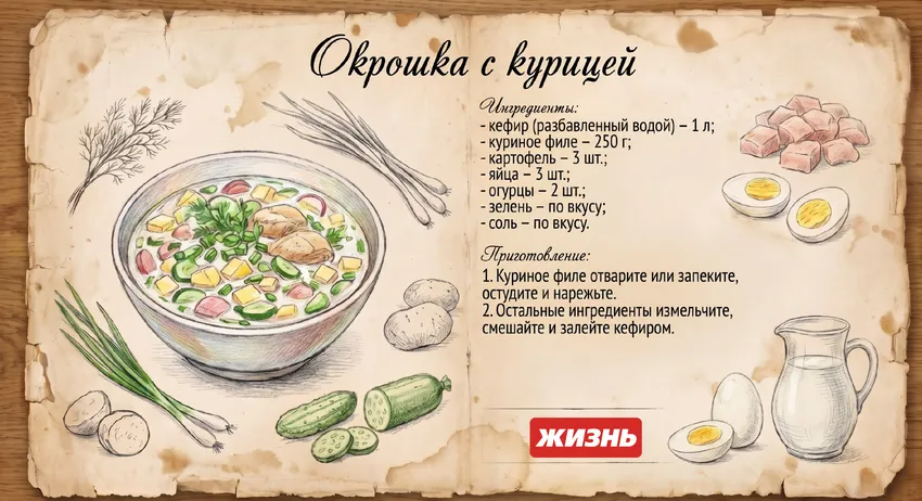 Окрошка с курицей. Коллаж: Сорокина Екатерина, фото сгенерировано нейросетью Nano Banana