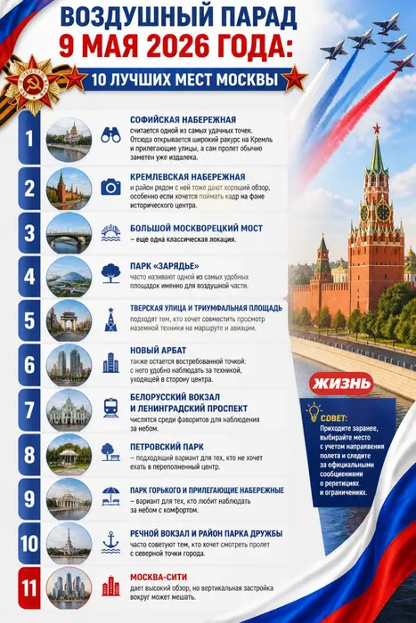 Воздушный парад 9 мая 2026 года: 10 лучших мест Москвы. Коллаж: Сорокина Екатерина
