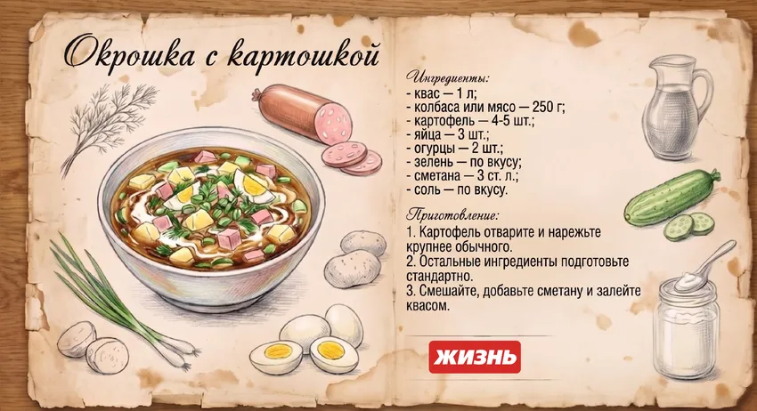 Окрошка с картошкой. Коллаж: Сорокина Екатерина, фото сгенерировано нейросетью Nano Banana