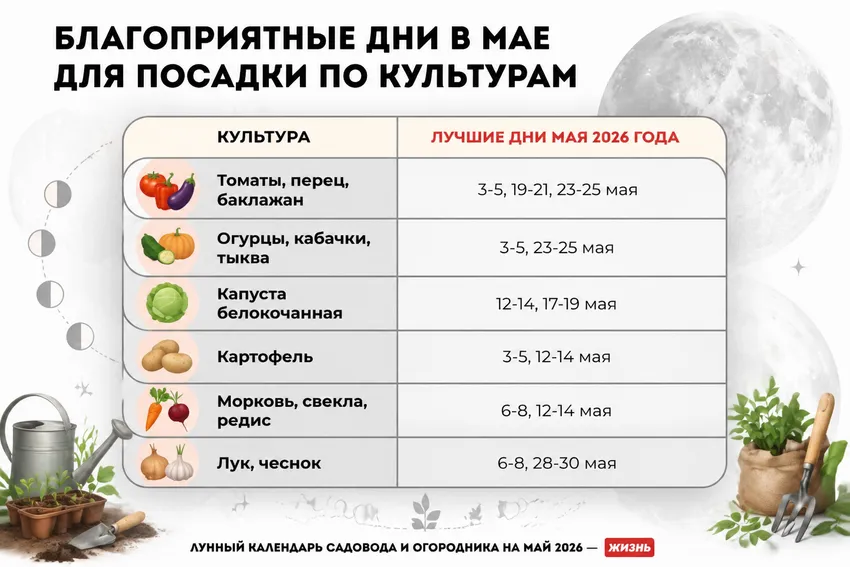 Благоприятные дни в мае 2026 года для посадки по культурам. Коллаж: Сорокина Екатерина