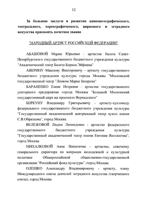 Указ Президента о присвоении званий народных артистов. Фото: pravo.gov.ru