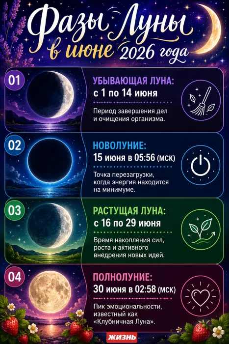 Фазы Луны в июне 2026 года. Коллаж: Сорокина Екатерина