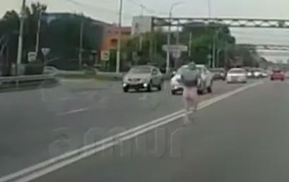 В Хабаровске голый мужчина устроил забег по трассе с машинами. Фото: t.me/amur_mash