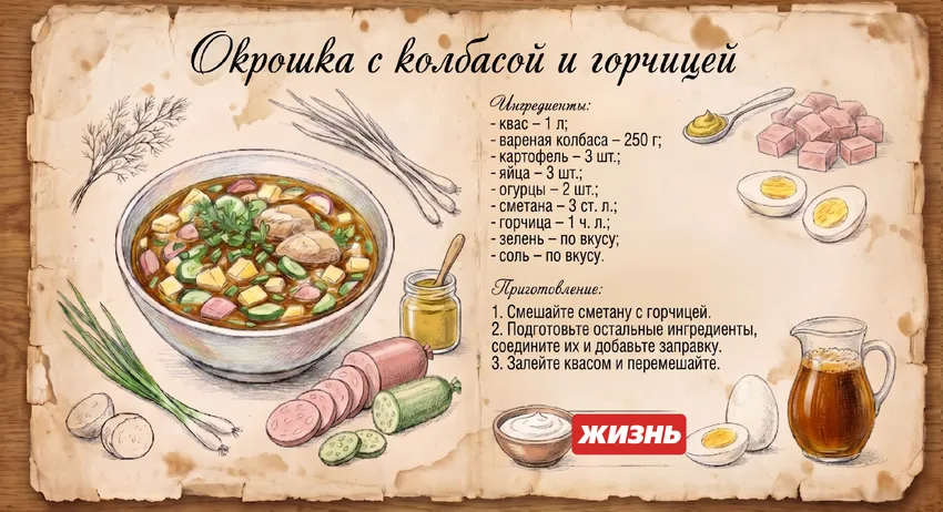 Окрошка с колбасой и горчицей. Коллаж: Сорокина Екатерина, фото сгенерировано нейросетью Nano Banana