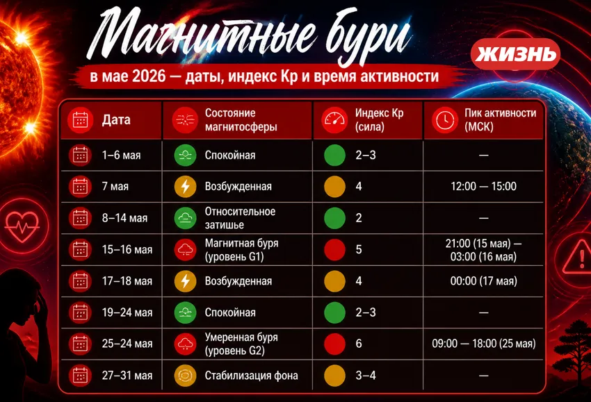 Магнитные бури в мае 2026 года: даты, индекс Кр и время активности. Коллаж: Сорокина Екатерина