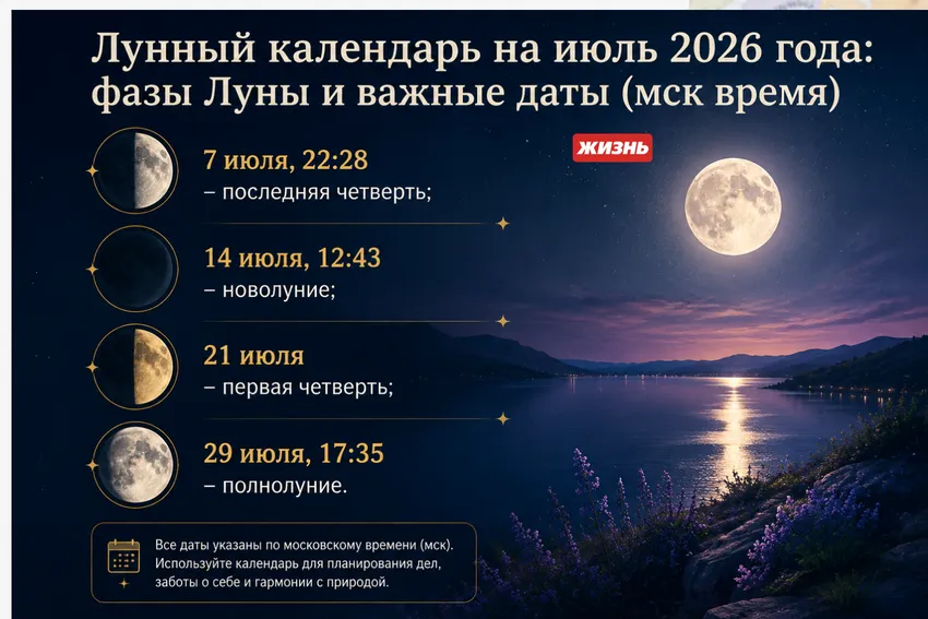 Лунный календарь на июль 2026 года: фазы Луны. Коллаж: Сорокина Екатерина