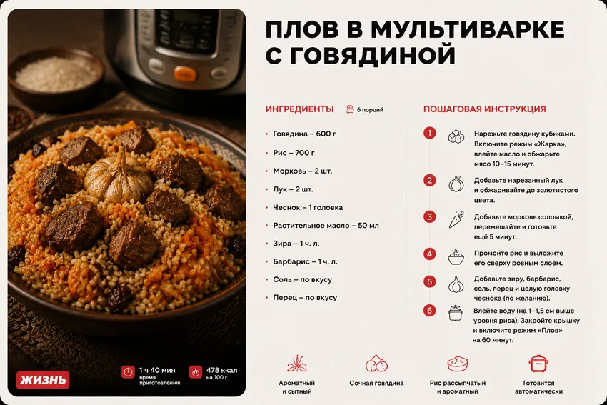 Плов в мультиварке с говядиной. Коллаж: Сорокина Екатерина