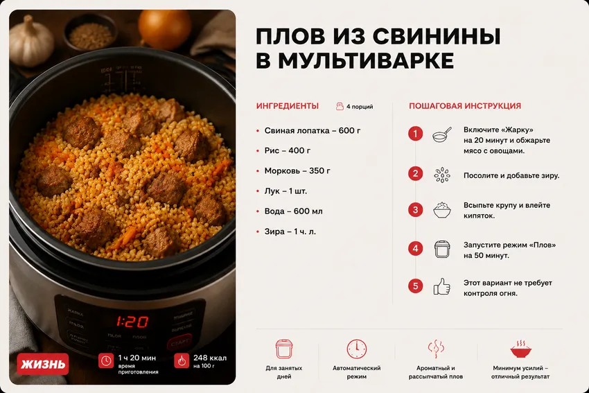 Плов из свинины в мультиварке. Коллаж: Сорокина Екатерина