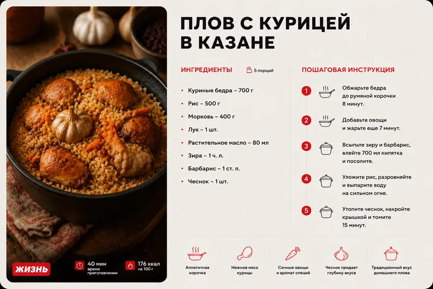 Плов с курицей в казане. Коллаж: Сорокина Екатерина