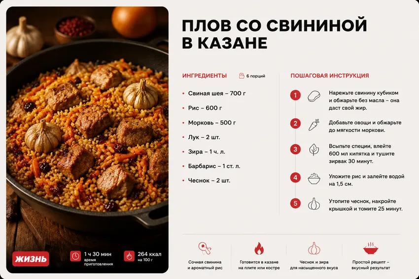 Плов со свининой в казане. Коллаж: Сорокина Екатерина