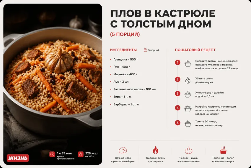 Плов в кастрюле с толстым дном. Коллаж: Сорокина Екатерина