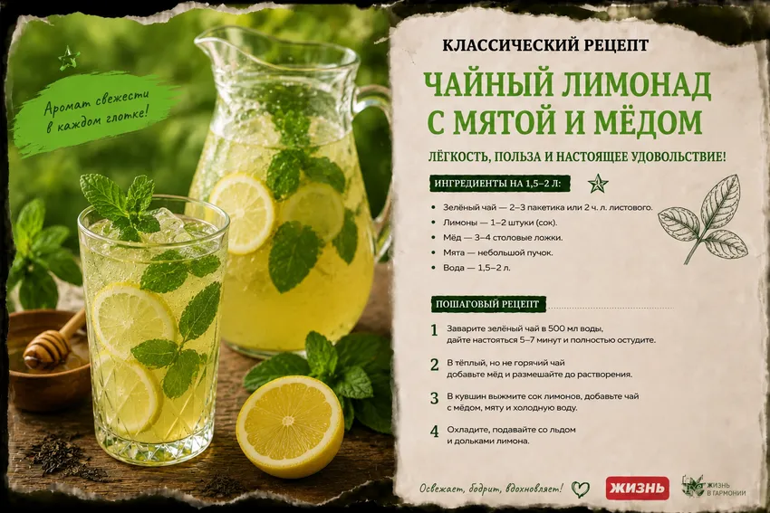 Чайный лимонад с мятой и медом. Коллаж: Сорокина Екатерина