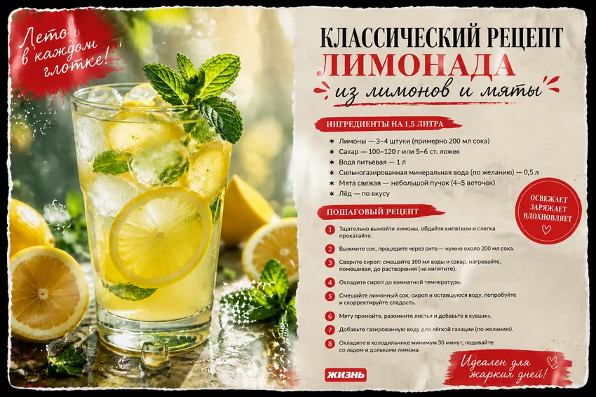 Классический рецепт лимонада из лимонов и мяты. Коллаж: Сорокина Екатерина