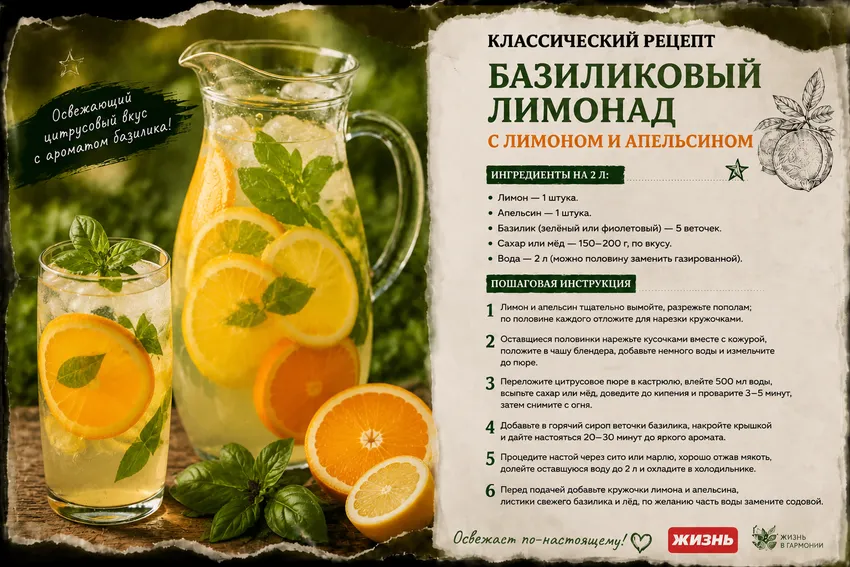 Базиликовый лимонад с лимоном и апельсином. Коллаж: Сорокина Екатерина