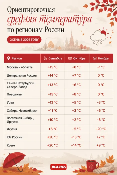 Средняя температура по регионам России осенью 2026 года. Коллаж: Сорокина Екатерина
