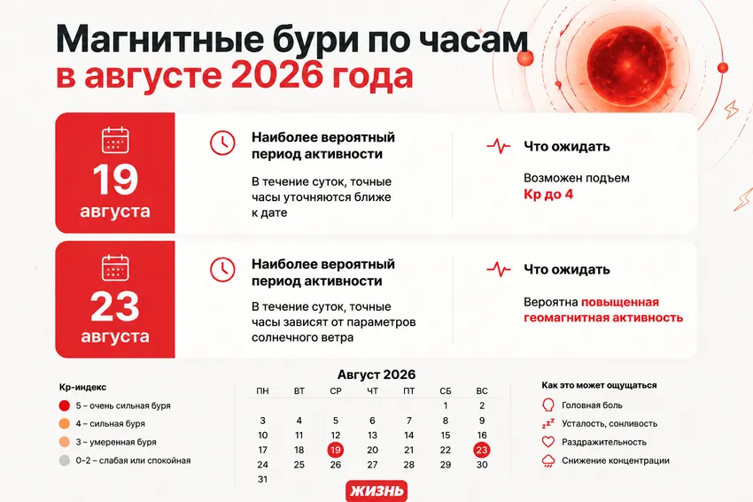 Магнитные бури в августе 2026 года по часам. Коллаж: Сорокина Екатерина