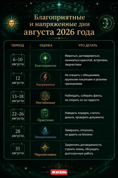 Благоприятные и неблагоприятные дни августа 2026 года. Коллаж: Сорокина Екатерина