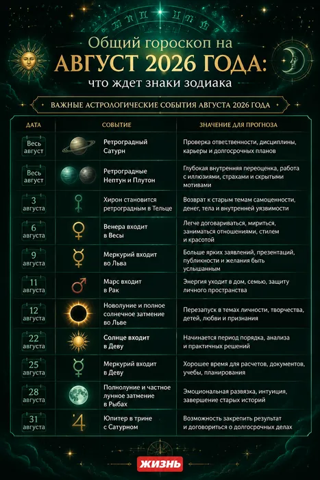 Общий астрологический прогноз на август 2026 года. Коллаж: Сорокина Екатерина