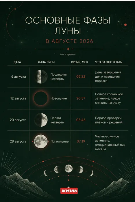 Основные фазы Луны в августе 2026 года. Коллаж: Сорокина Екатерина