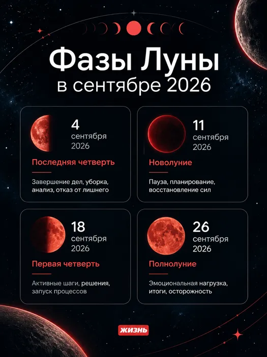 Главные фазы Луны в сентябре 2026 года. Коллаж: Сорокина Екатерина