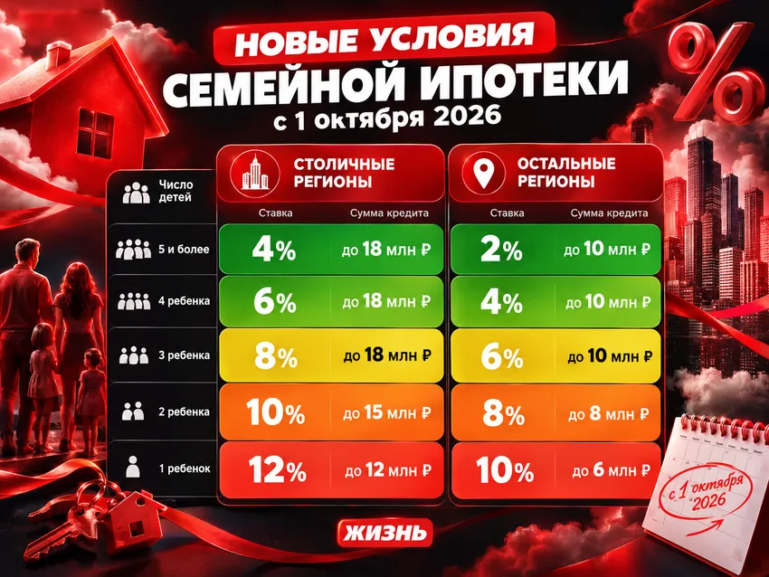 Ставки семейной ипотеки для столичных регионов с 1 октября 2026: от 4 до 12 процентов, сумма до 18 млн рублей. Инфографика. Коллаж: Сорокина Екатерина