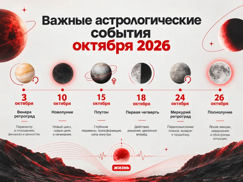 Важные астрологические события октября 2026: ретроградная Венера с 3 октября, новолуние 10 октября, Плутон в прямом движении 15 октября, первая четверть Луны 18 октября, ретроградный Меркурий с 24 октября, полнолуние 26 октября. Инфографика. Коллаж: Сорокина Екатерина