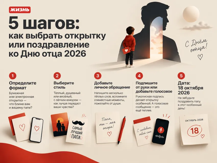 Инфографика: 5 шагов, как выбрать открытку или поздравление ко Дню отца 2026. Коллаж: Сорокина Екатерина