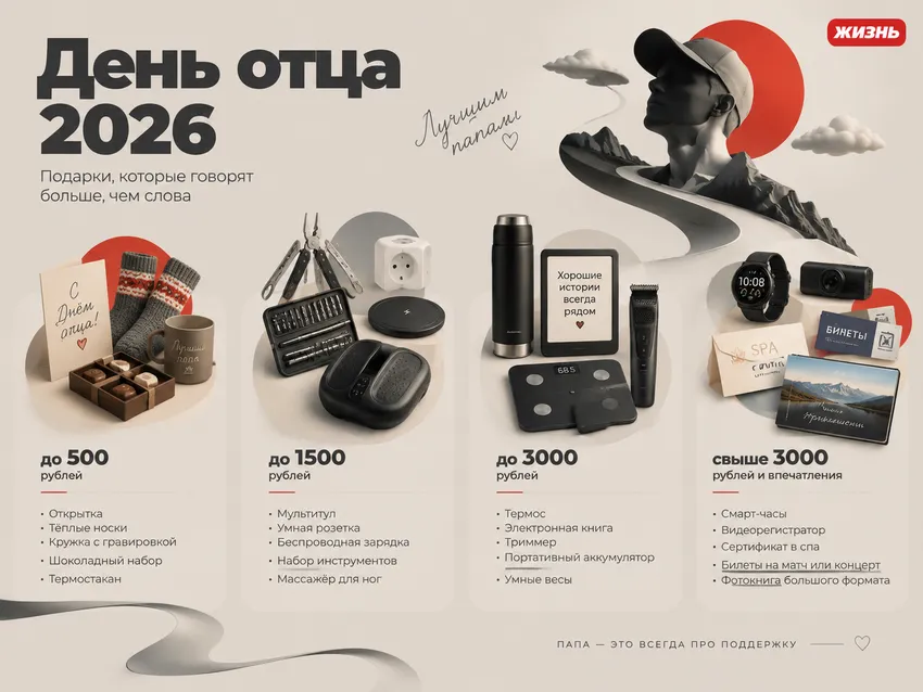 Инфографика: топ подарков на День отца 2026 по бюджету – от открытки до смарт-часов. Коллаж: Сорокина Екатерина