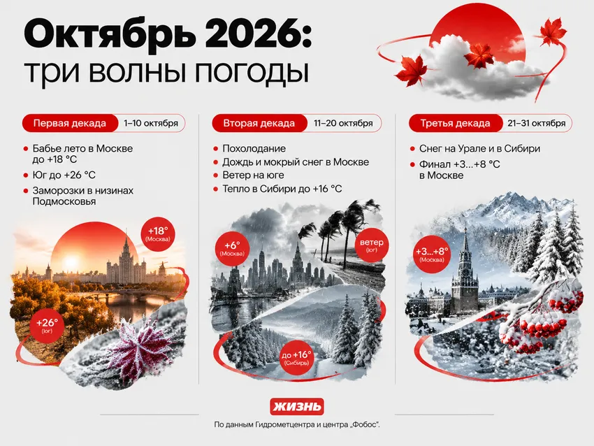 Инфографика: погода на октябрь 2026 по декадам – бабье лето, похолодание и первый снег. Коллаж: Сорокина Екатерина