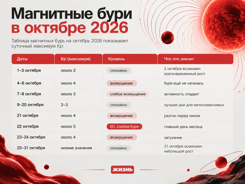 Таблица магнитных бурь на октябрь 2026: даты, максимальный индекс Kp и уровень возмущения магнитосферы.