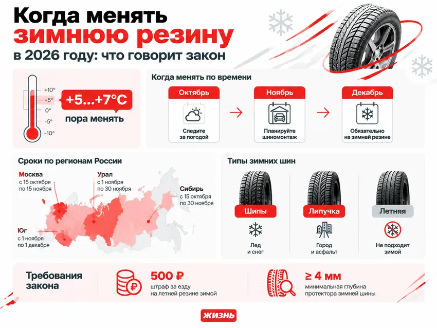 Когда менять зимнюю резину: что говорит закон. Инфографика. Коллаж: Сорокина Екатерина