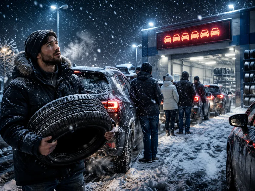 Температура +5…+7°C: сигнал автолюбителей для шиномонтажа и смены резины в России. Фото сгенерировано нейросетью GPT Image