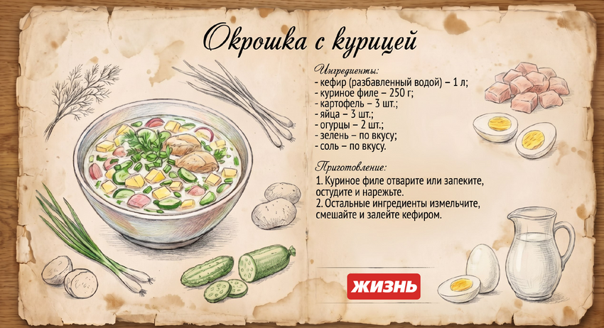 Окрошка с курицей. Коллаж: Сорокина Екатерина, фото сгенерировано нейросетью Nano Banana