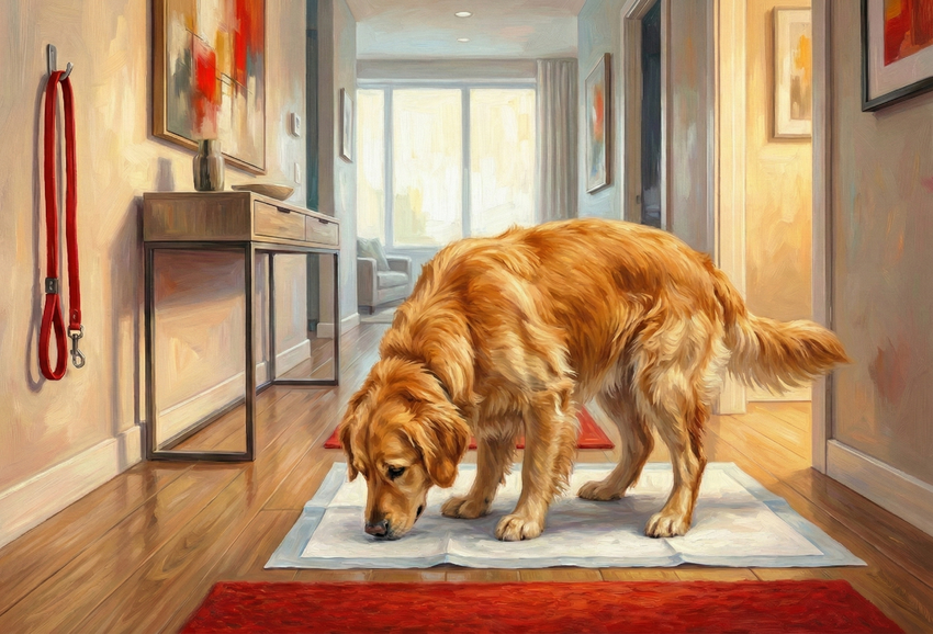 Как приучить взрослую собаку к пеленке. Фото сгенерировано нейросетью Nano Banana