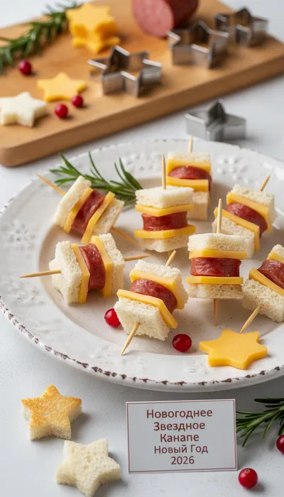Звездное канапе для новогоднего стола. Фото сгенерировано нейросетью Nano Banana