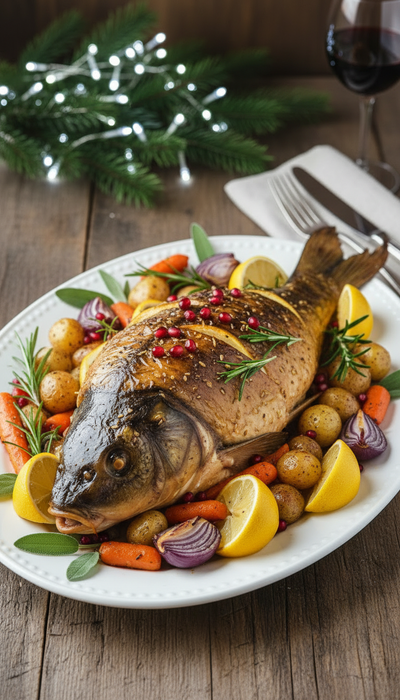 Праздничный сазан, запеченный с овощами, картошкой и лимоном. Фото сгенерировано нейросетью Nano Banana