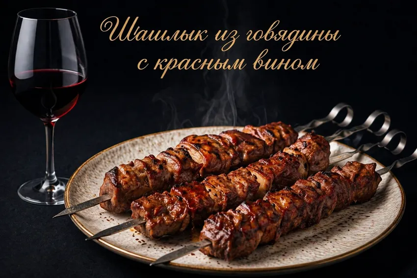 Шашлык из говядины с красным вином. Фото сгенерировано нейросетью GPT Images