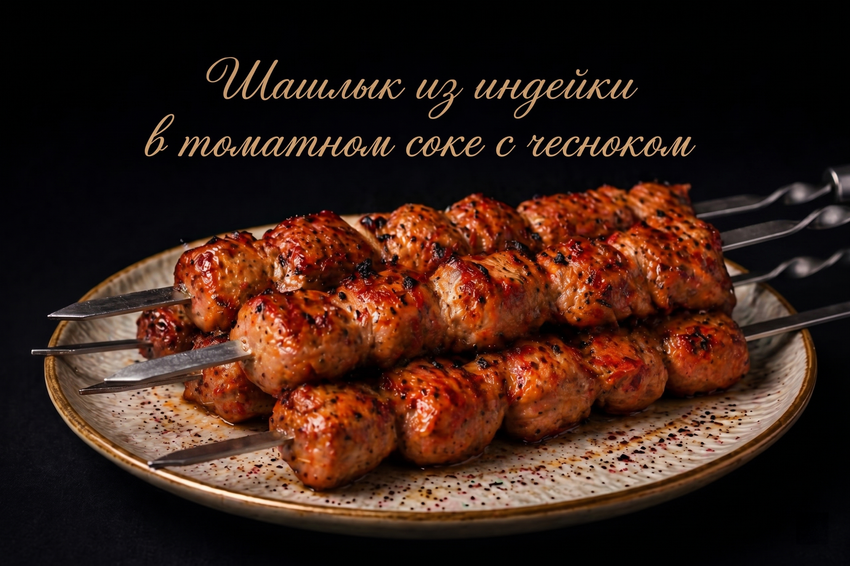 Шашлык из индейки в томатном соке с чесноком. Фото сгенерировано нейросетью GPT Images