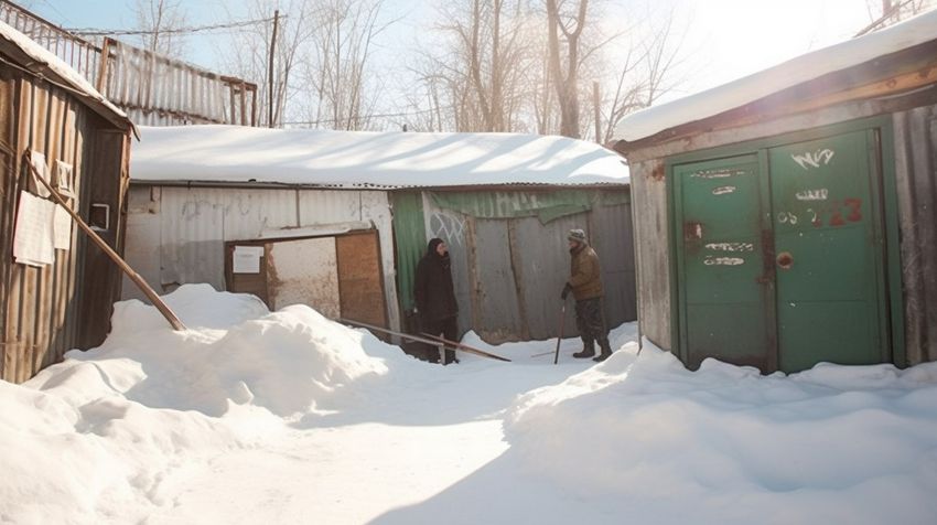 Мужики из соседних гаражей часто ссорились из-за уборки снега. ФОТО СГЕНЕРИРОВАНО НЕЙРОСЕТЬЮ MIDJOURNEY.COM ПО МАТЕРИАЛАМ СТАТЬИ